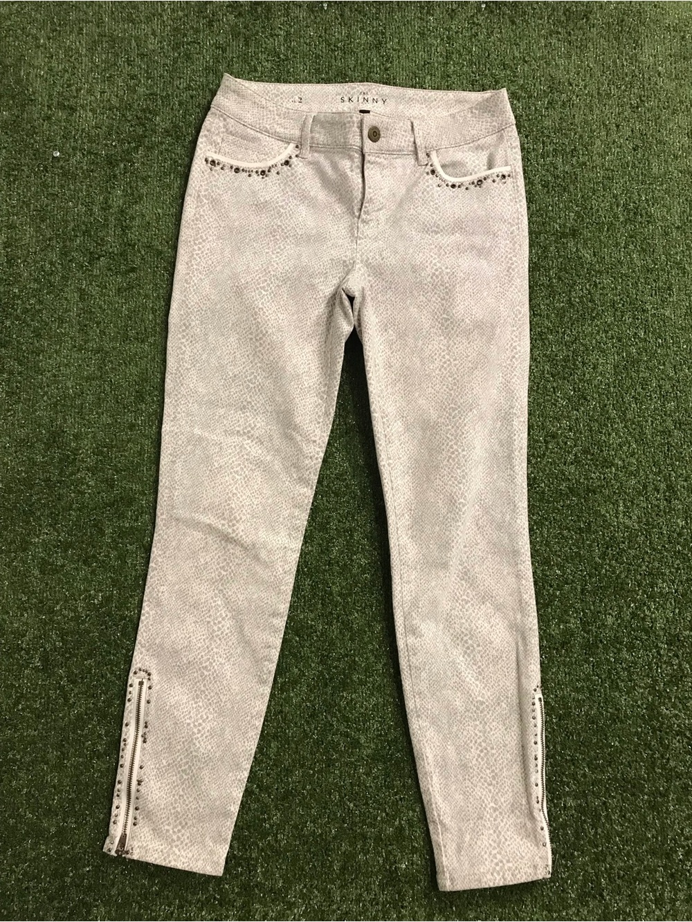 White House Black Market Pale Gray Skinny Jeans with Stud Details
